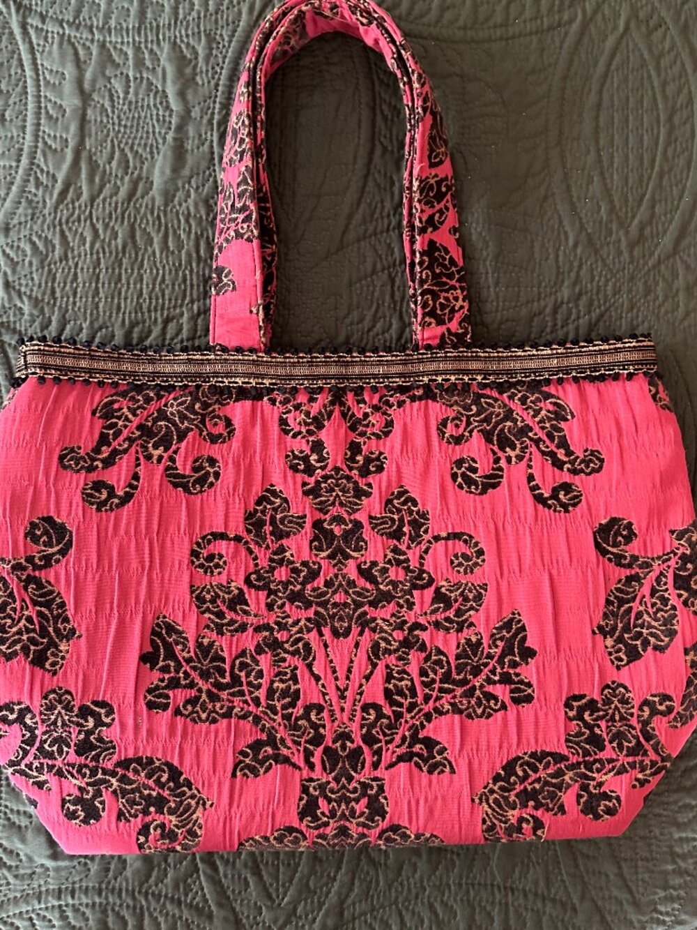 Just Dotty Pink & Black Damask Bohemian Tote Bag ✨